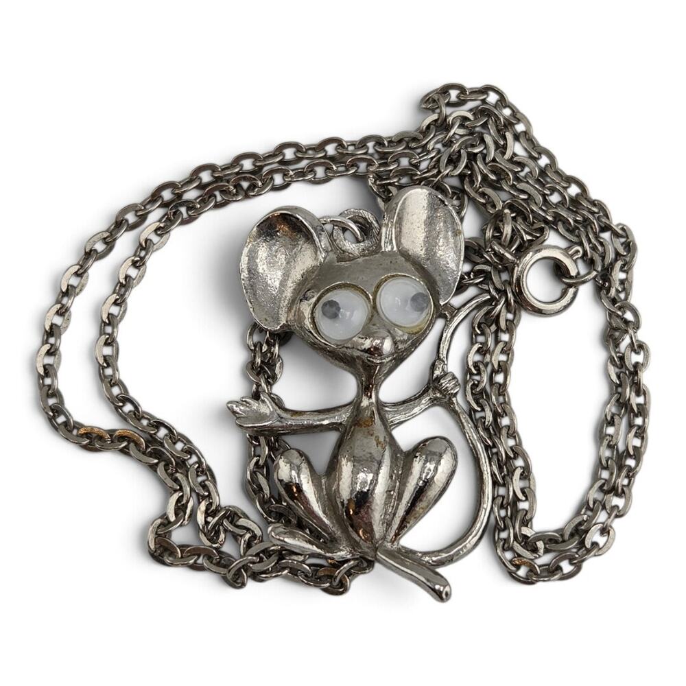 Vintage Googly Eye Mouse Pendant Necklace Moving Eyes Silver Tone 22" Whimsical
